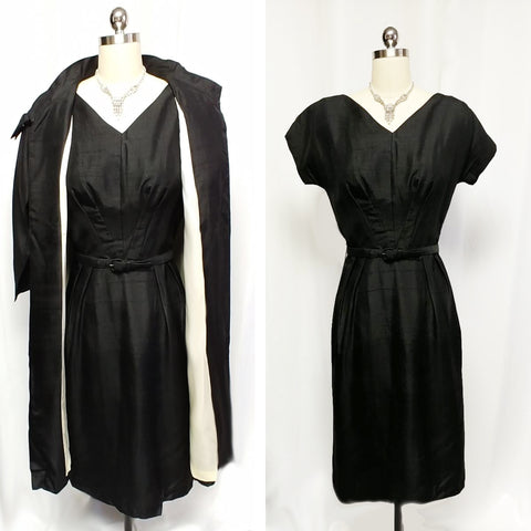 VINTAGE 1950s BLACK SILK COAT & METAL ZIPPER DRESS ENSEMBLE