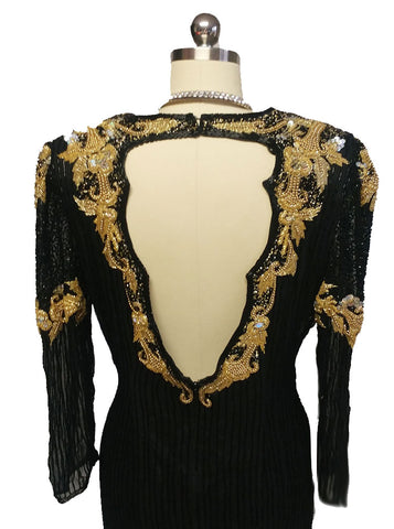 SPECTACULAR VINTAGE BLACK AND GOLD SPARKLING SEQUIN AND BEADED EVENING GOWN