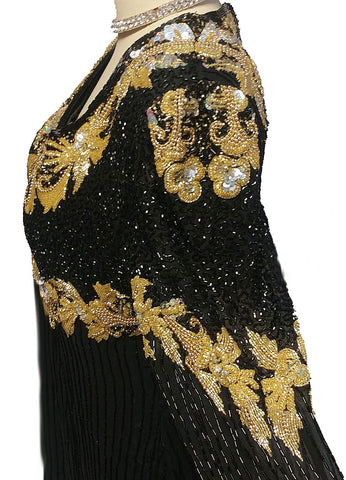SPECTACULAR VINTAGE BLACK AND GOLD SPARKLING SEQUIN AND BEADED EVENING GOWN