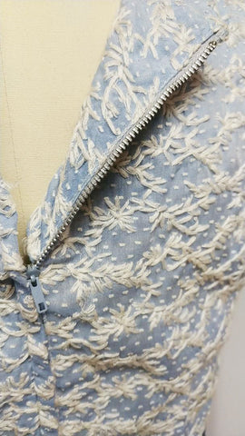 *VINTAGE BLUE WITH WHITE EMBROIDEREY BELL SKIRT DRESS WITH METAL ZIPPER