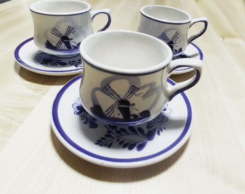 *VINTAGE "E H   HAND PAINTED IN DELFT BLUE COLORS" DUTCH WINDMILL & FLORAL TEACUPS / COFFEE CUPS AND SAUCERS (3)
