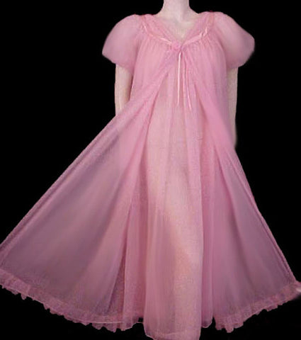 BEAUTIFUL VINTAGE JENELLE OF CALIFORNIA LUSCIOUS ROSE DOUBLE NYLON PEIGNOIR & NIGHTGOWN SET