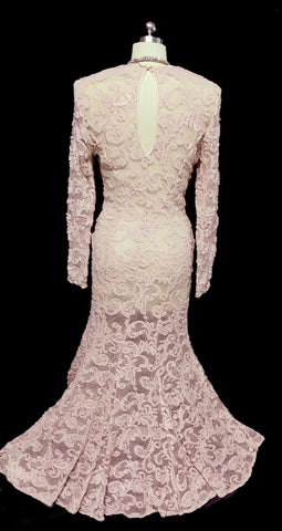 VINTAGE TITANIC-LOOK CASADEI SPANDEX MAUVE PINK INTRICATE ALL LACE FISHTAIL EVENING GOWN / WEDDING GOWN