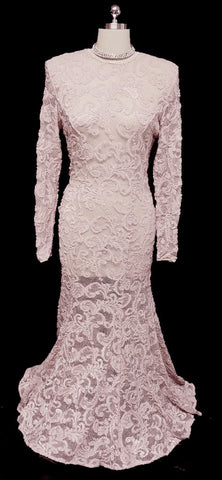 VINTAGE TITANIC-LOOK CASADEI SPANDEX MAUVE PINK INTRICATE ALL LACE FISHTAIL EVENING GOWN / WEDDING GOWN