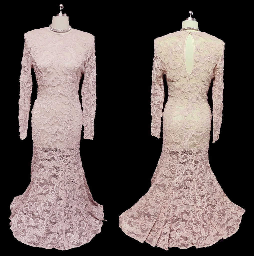 VINTAGE TITANIC-LOOK CASADEI SPANDEX MAUVE PINK INTRICATE ALL LACE FISHTAIL EVENING GOWN / WEDDING GOWN