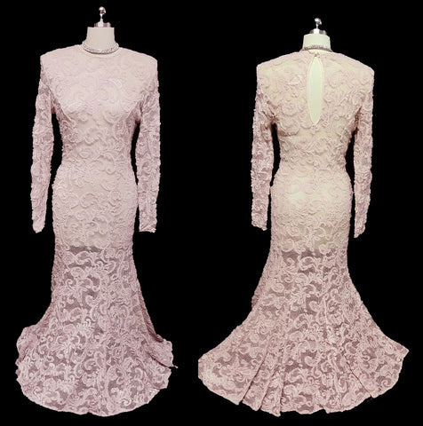 VINTAGE TITANIC-LOOK CASADEI SPANDEX MAUVE PINK INTRICATE ALL LACE FISHTAIL EVENING GOWN / WEDDING GOWN
