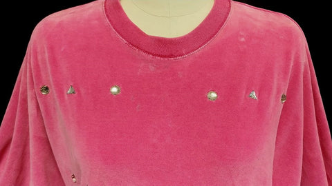 *VINTAGE CHAUS HOT PINK PRONG-SET RHINESTONE STUDDED VELOUR TOP