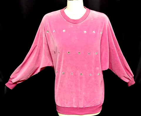 *VINTAGE CHAUS HOT PINK PRONG-SET RHINESTONE STUDDED VELOUR TOP