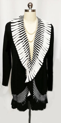 NEW -STRIKING BLACK & WHITE PLEATED LONG SWEATER CARDIGAN / SWEATER COAT