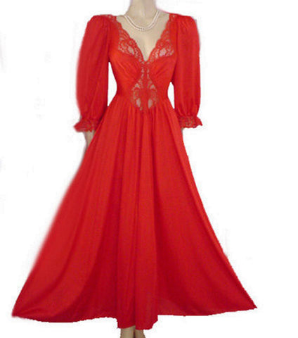 VINTAGE OLGA SPANDEX LACE NIGHTGOWN WITH SLEEVES IN CHILI PEPPER