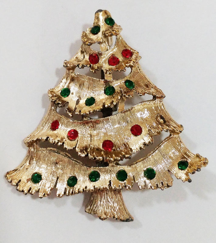 SOLD - VINTAGE '60s SPARKLING RED & GREEN RHINESTONE CHRISTMAS TREE PIN / BROOCH