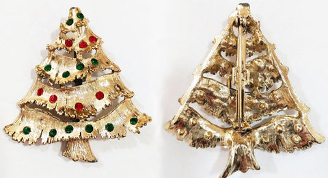 SOLD - VINTAGE '60s SPARKLING RED & GREEN RHINESTONE CHRISTMAS TREE PIN / BROOCH