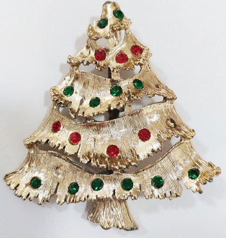 SOLD - VINTAGE '60s SPARKLING RED & GREEN RHINESTONE CHRISTMAS TREE PIN / BROOCH