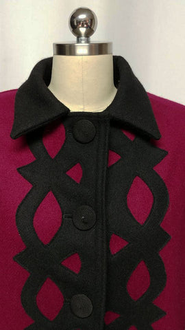 *VINTAGE 80S CINDY OWINGS DESIGNS JACKET W BLACK APPLIQUES COIL BUTTONS - MADE IN U.S.A.