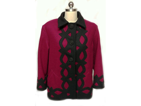 VINTAGE '80S CINDY OWINGS DESIGNS JACKET W BLACK APPLIQUES COIL BUTTONS - MADE IN U.S.A.