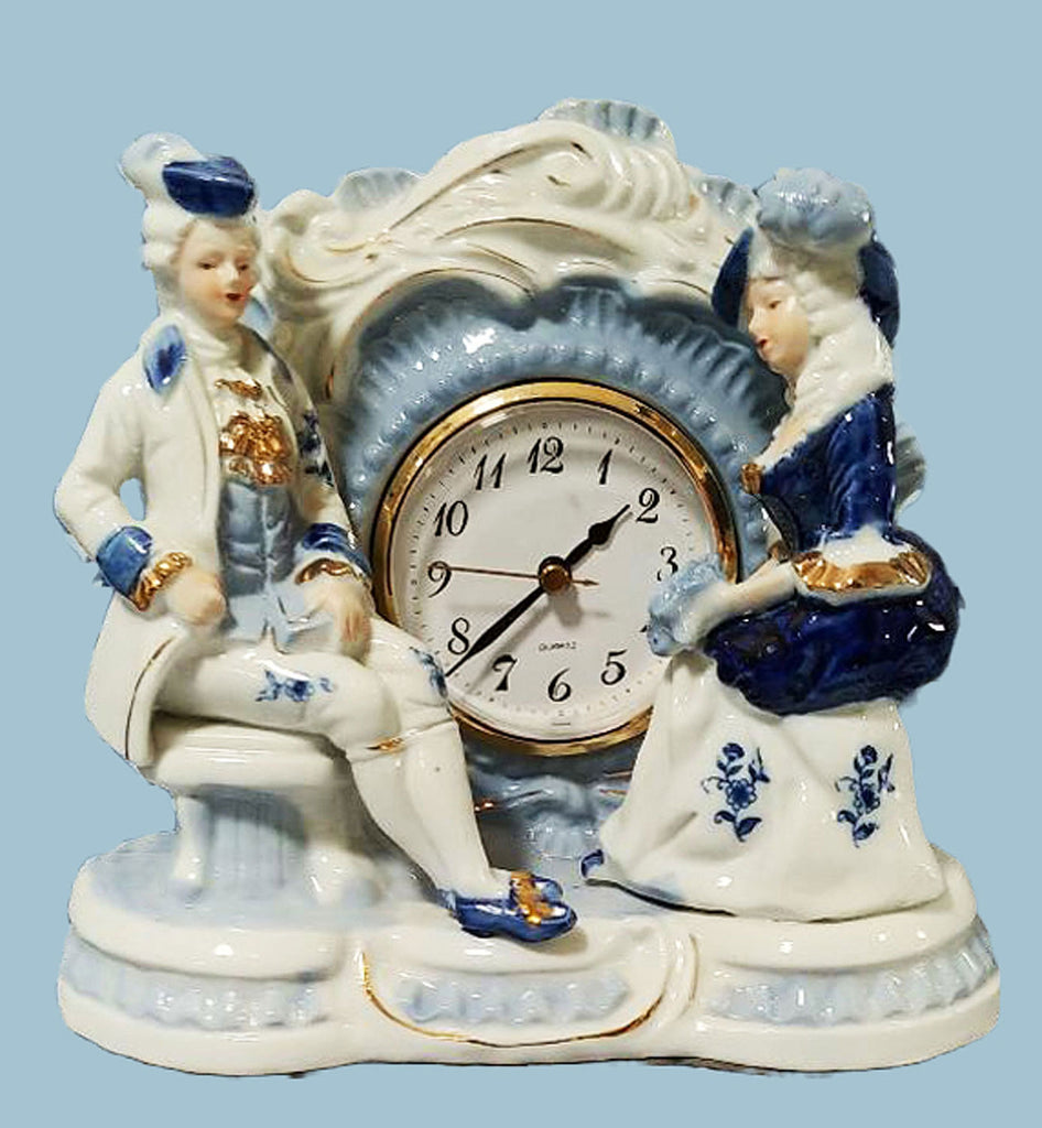 VINTAGE PORCELAIN COLONIAL GENTLEMAN & LADY BLUE & WHITE  QUARTZ MANTEL CLOCK - PERFECT FOR ON A BEDROOM OR A PLANT SHELF WITH OTHER BLUE & WHITE ITEMS - (1 CLOCK)
