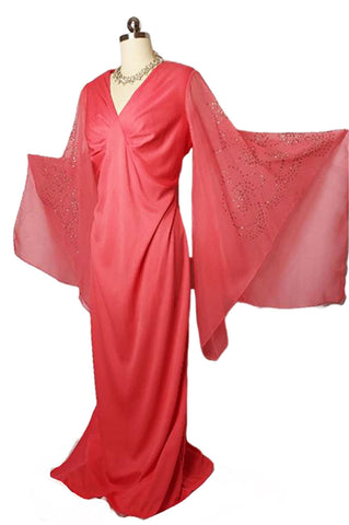 *  VINTAGE CORAL EVENING GOWN ADORNED WITH HUGE SHEER SPARKLING SLEEVES - GORGEOUS!
