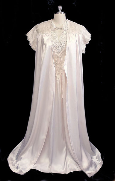 Vintage Peignoir Gown and Robe Set Cream Silk Lace by Regina