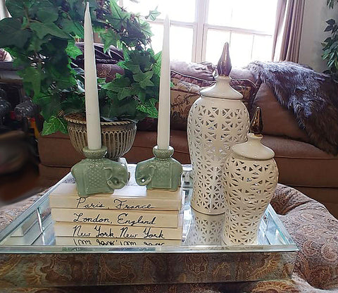 VINTAGE 1960s CHINESE CELADON GLAZED ELEPHANT CANDLE HOLDERS - (SET OF 2 CANDLE HOLDER)