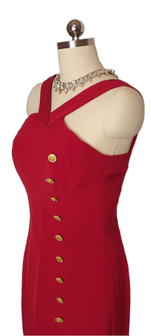 VINTAGE ESCADA COUTURE EVENING GOWN WITH GOLD BUTTONS STUDDED WITH RHINESTONES