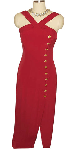 VINTAGE ESCADA COUTURE EVENING GOWN WITH GOLD BUTTONS STUDDED WITH RHINESTONES
