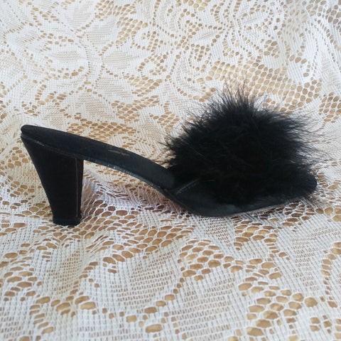 VINTAGE FLIRTO BLACK SATIN MARABOU PEEP TOE BEDROOM SLIPPERS / MULES