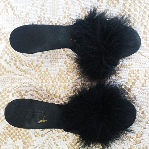 VINTAGE FLIRTO BLACK SATIN MARABOU PEEP TOE BEDROOM SLIPPERS / MULES