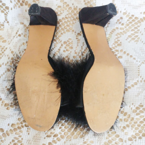 VINTAGE FLIRTO BLACK SATIN MARABOU PEEP TOE BEDROOM SLIPPERS / MULES
