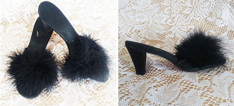 VINTAGE FLIRTO BLACK SATIN MARABOU PEEP TOE BEDROOM SLIPPERS / MULES