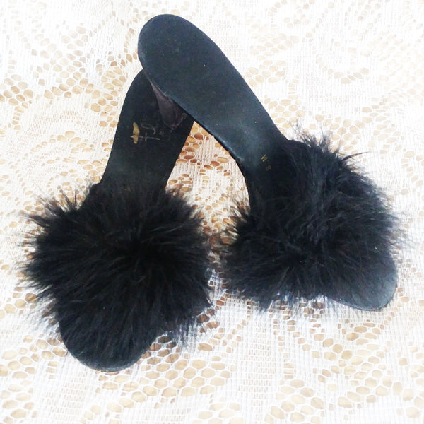 VINTAGE FLIRTO BLACK SATIN MARABOU PEEP TOE BEDROOM SLIPPERS