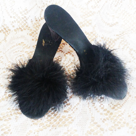 VINTAGE FLIRTO BLACK SATIN MARABOU PEEP TOE BEDROOM SLIPPERS / MULES