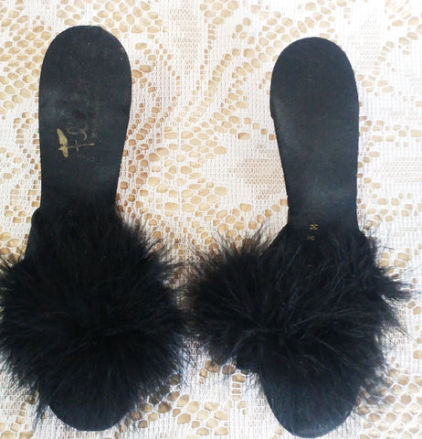 VINTAGE FLIRTO BLACK SATIN MARABOU PEEP TOE BEDROOM SLIPPERS / MULES