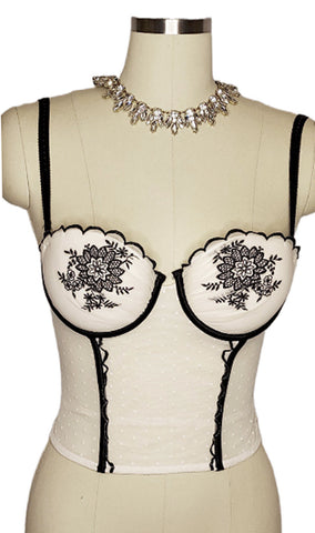 *  VINTAGE 1980S GLAMOROUS NEW GILLIGAN & O'MALLEY DOTTED SWISS NETTING AND SPANDEX MERRY WIDOW BUSTIER  34 C