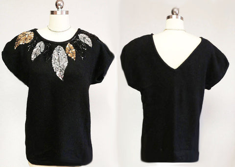 *VINTAGE '80s GLAMOROUS GLADYS BAGLEY WOMANS SILK ANGORA LAMBSWOOL SEQUIN BEADED SWEATER - VERY LARGE SIZE