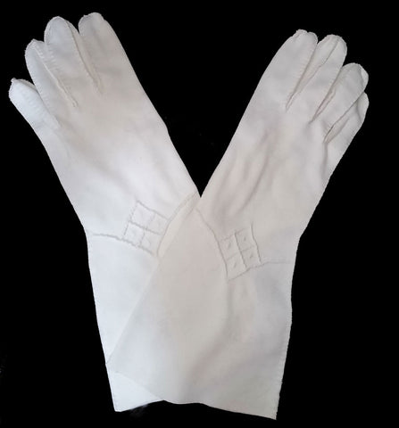 *VINTAGE '60s LONG OFF WHITE COTTON FORMAL GAUNTLET WEDDING GLOVES WITH RAISED DIAMOND DESIGNS
