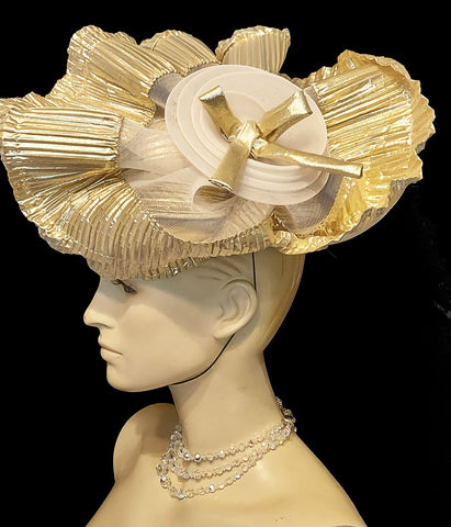 *VINTAGE DESIGNED BY SYLVIA GOLD PLEATED COCKTAIL HAT - SO GLAMOROUS!
