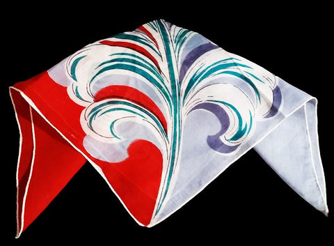 *VINTAGE LIPSTICK RED, GRAY & TEAL FEATHER PLUME HANDKERCHIEF - BEAUTIFUL COLORS