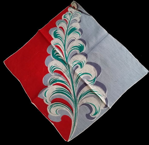 *VINTAGE LIPSTICK RED, GRAY & TEAL FEATHER PLUME HANDKERCHIEF - BEAUTIFUL COLORS