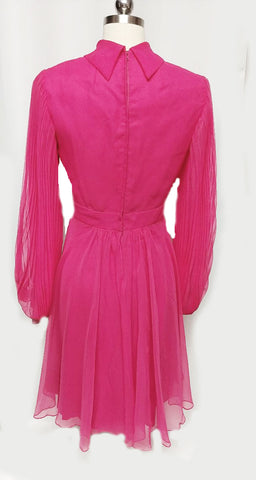 VINTAGE HOT PINK BEADED, RHINESTONE & PEARL COCKTAIL DRESS WITH HUGE PLEATED SLEEVES