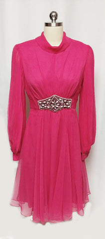 VINTAGE HOT PINK BEADED, RHINESTONE & PEARL COCKTAIL DRESS WITH HUGE PLEATED SLEEVES