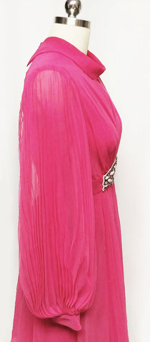 VINTAGE HOT PINK BEADED, RHINESTONE & PEARL COCKTAIL DRESS WITH HUGE PLEATED SLEEVES