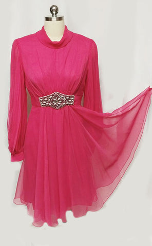 VINTAGE HOT PINK BEADED, RHINESTONE & PEARL COCKTAIL DRESS WITH HUGE PLEATED SLEEVES