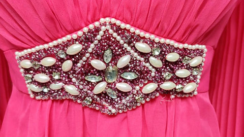 VINTAGE HOT PINK BEADED, RHINESTONE & PEARL COCKTAIL DRESS WITH HUGE PLEATED SLEEVES