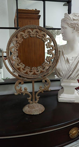 VINTAGE FANCY HOLLYWOOD REGENCY STYLE HUGE METAL VANITY MIRROR WITH TWISTED BRAID & BOWS