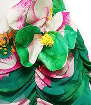GORGEOUS VINTAGE 1980s JAYNA NEW YORK JACQUARD & SILK CHIFFON COCKTAIL DRESS PARTY DRESS DRAPED SWAGS WITH HUGE ARTIFICIAL FLOWER