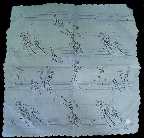 *NEW OLD STOCK - VINTAGE JEAN OL' ORLY - PARIS HANDKERCHIEF IN BLUES, PINK AND BLACK LONG STEM FLORALS
