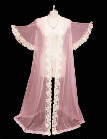 *VINTAGE JENELLE OF CALIFORNIA SHEER NYLON TRICOT PEIGNOIR WITH LACE TRIMMED FULL CIRCLE SLEEVES IN PINK ANGEL