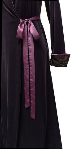 * VINTAGE OLD HOLLYWOOD GLAMOUR JONQUIL BY DIANE SAMANDI & NEIMAN MARCUS CHARCOAL VELOUR & SUGAR PLUM SATINY ROBE DRESSING GOWN
