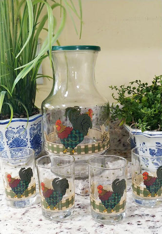VINTAGE ROOSTER & OAK LEAF JUICE DECANTER / PITCHER WITH 4 JUICE GLASSES - JUST ADORABLE! - (SET OF 1 PITCHER & 4 GLASSES  ITEMS)
