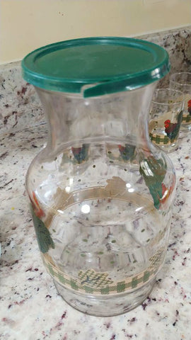 VINTAGE ROOSTER & OAK LEAF JUICE DECANTER / PITCHER WITH 4 JUICE GLASSES - JUST ADORABLE! - (SET OF 1 PITCHER & 4 GLASSES  ITEMS)